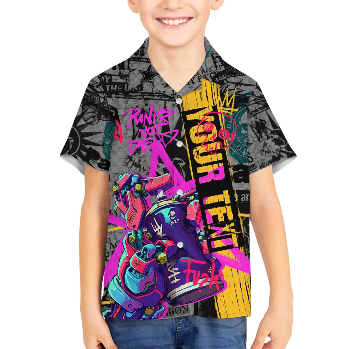 Punk Cheetah Graffiti Family Matching Off The Shoulder Long Sleeve Dress and Hawaiian Shirt with Punk Not Dead Street Art and Neon Jungle Design - Wonder Print Shop