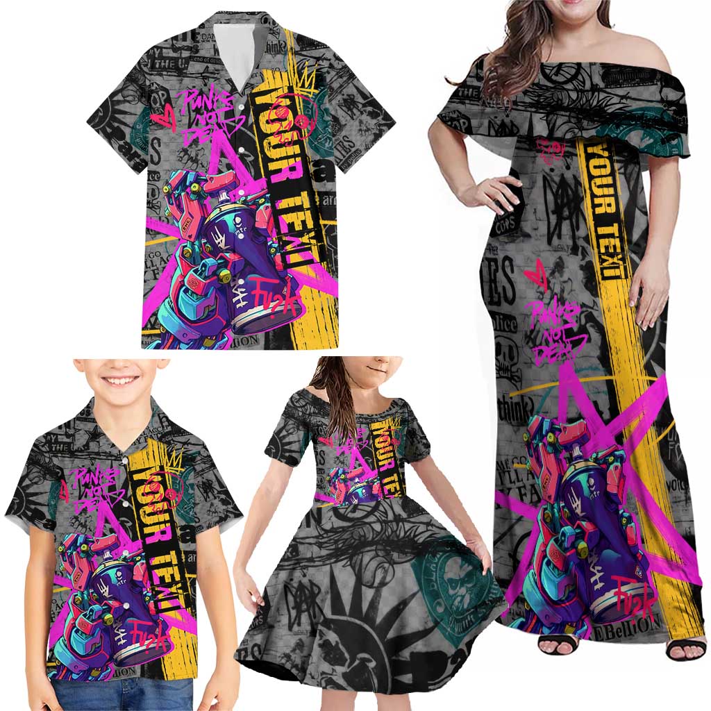 Punk Cheetah Graffiti Family Matching Off Shoulder Maxi Dress and Hawaiian Shirt with Punk Not Dead Street Art and Neon Jungle Design - Wonder Print Shop