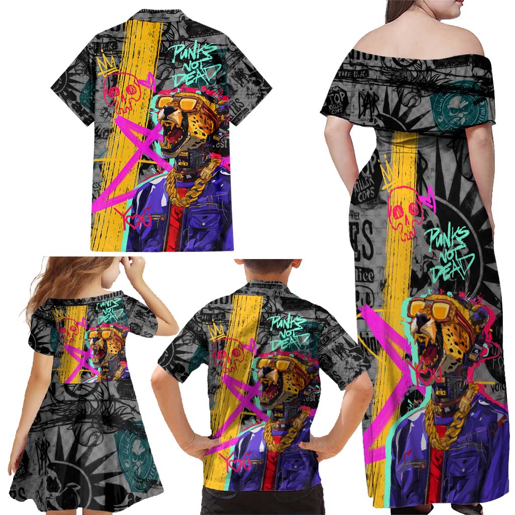 Punk Cheetah Graffiti Family Matching Off Shoulder Maxi Dress and Hawaiian Shirt with Punk Not Dead Street Art and Neon Jungle Design - Wonder Print Shop