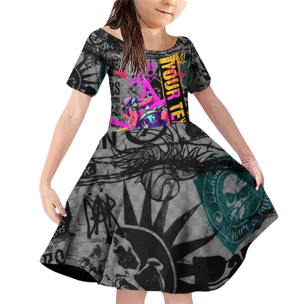 Punk Cheetah Graffiti Family Matching Off Shoulder Short Dress and Hawaiian Shirt with Punk Not Dead Street Art and Neon Jungle Design - Wonder Print Shop