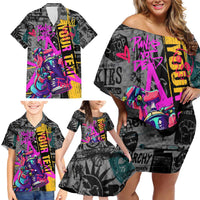 Punk Cheetah Graffiti Family Matching Off Shoulder Short Dress and Hawaiian Shirt with Punk Not Dead Street Art and Neon Jungle Design - Wonder Print Shop