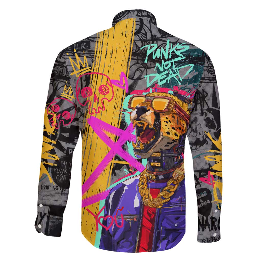 Punk Cheetah Graffiti Family Matching Off Shoulder Short Dress and Hawaiian Shirt with Punk Not Dead Street Art and Neon Jungle Design - Wonder Print Shop