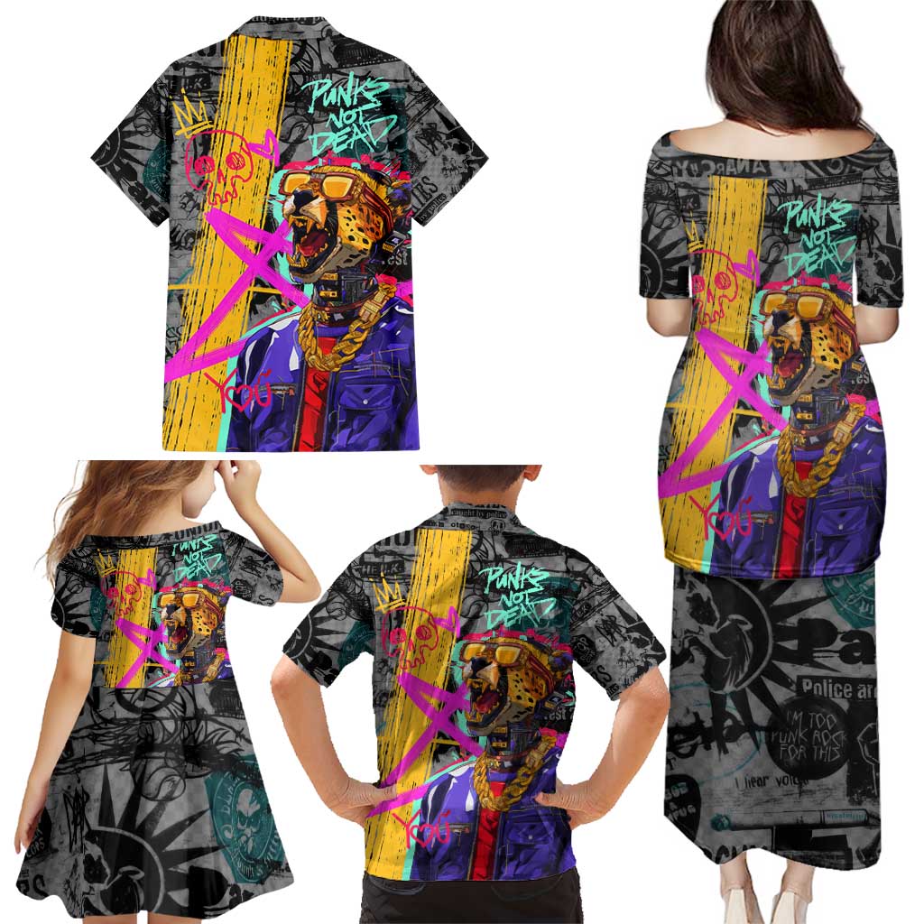 Punk Cheetah Graffiti Family Matching Puletasi and Hawaiian Shirt with Punk Not Dead Street Art and Neon Jungle Design - Wonder Print Shop