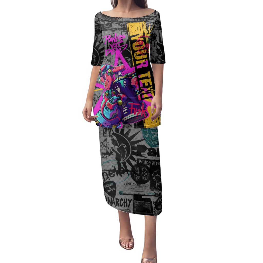Punk Cheetah Graffiti Family Matching Puletasi and Hawaiian Shirt with Punk Not Dead Street Art and Neon Jungle Design - Wonder Print Shop