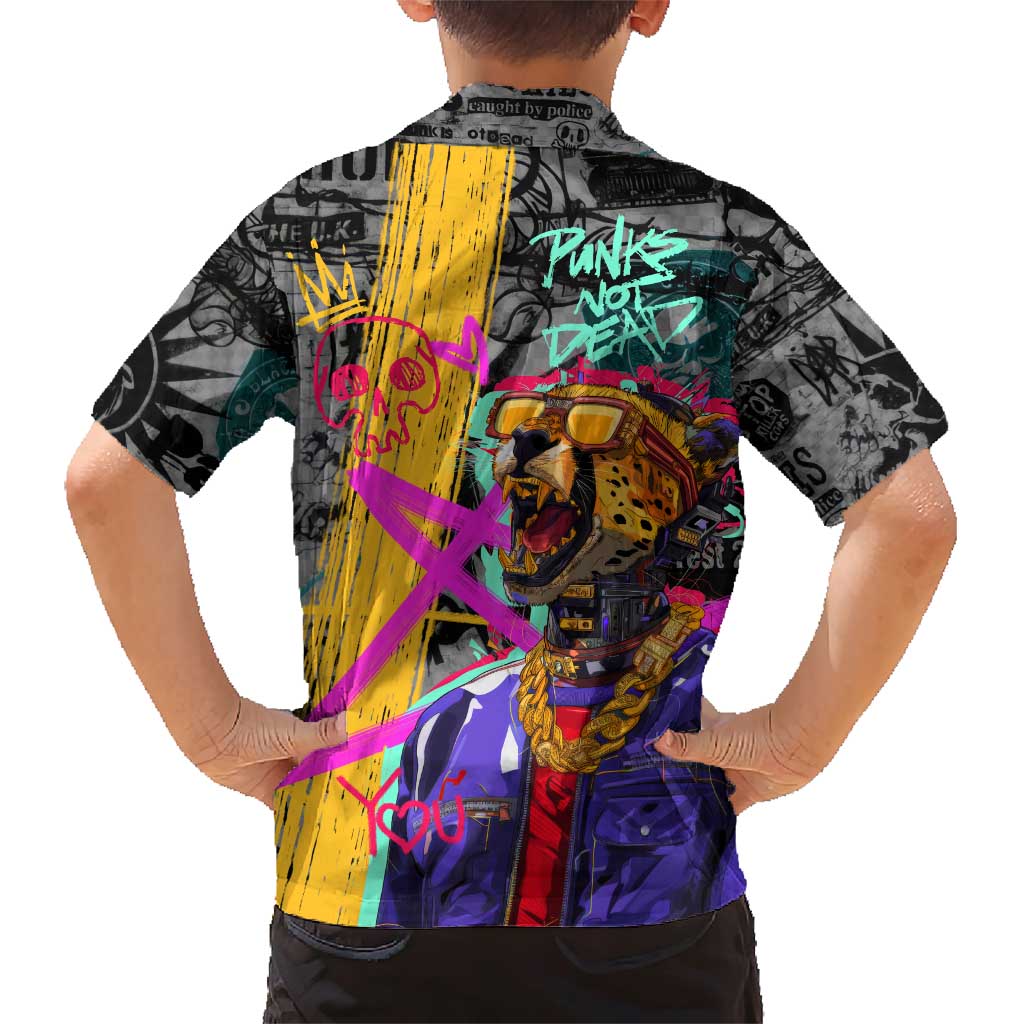 Punk Cheetah Graffiti Family Matching Short Sleeve Bodycon Dress and Hawaiian Shirt with Punk Not Dead Street Art and Neon Jungle Design - Wonder Print Shop
