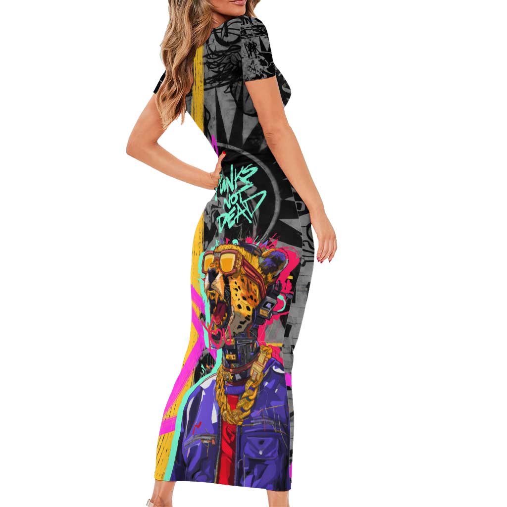 Punk Cheetah Graffiti Family Matching Short Sleeve Bodycon Dress and Hawaiian Shirt with Punk Not Dead Street Art and Neon Jungle Design - Wonder Print Shop