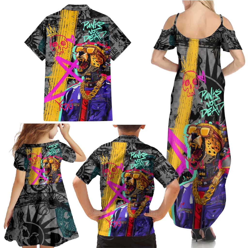 Punk Cheetah Graffiti Family Matching Summer Maxi Dress and Hawaiian Shirt with Punk Not Dead Street Art and Neon Jungle Design - Wonder Print Shop