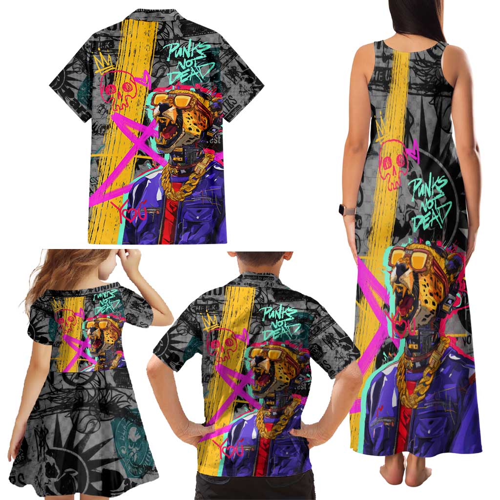 Punk Cheetah Graffiti Family Matching Tank Maxi Dress and Hawaiian Shirt with Punk Not Dead Street Art and Neon Jungle Design - Wonder Print Shop