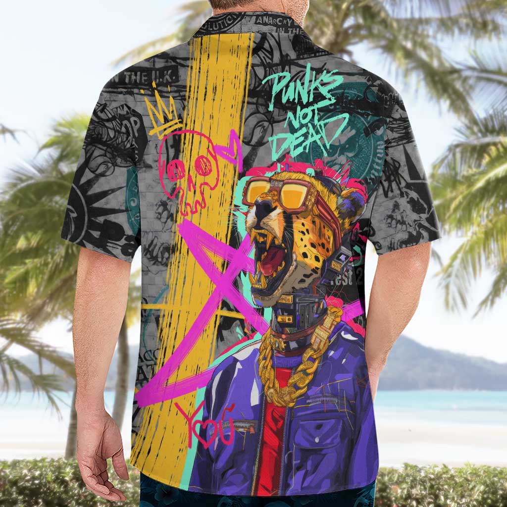Punk Cheetah Graffiti Hawaiian Shirt with Punk Not Dead Street Art and Neon Jungle Design - Wonder Print Shop