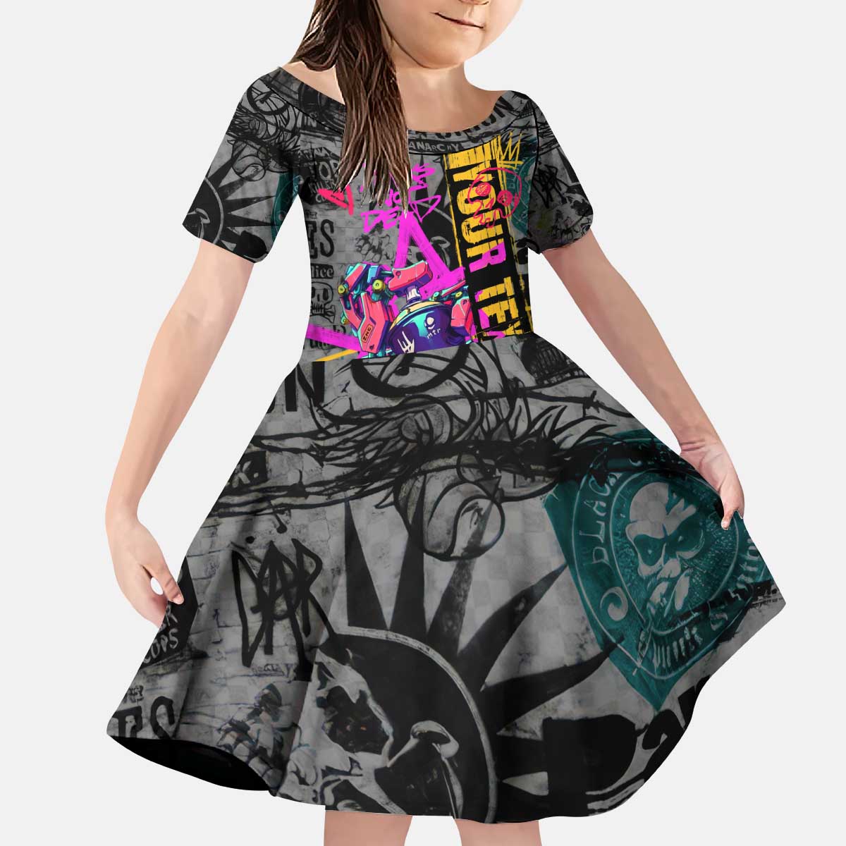 Punk Cheetah Graffiti Kid Short Sleeve Dress with Punk Not Dead Street Art and Neon Jungle Design - Wonder Print Shop