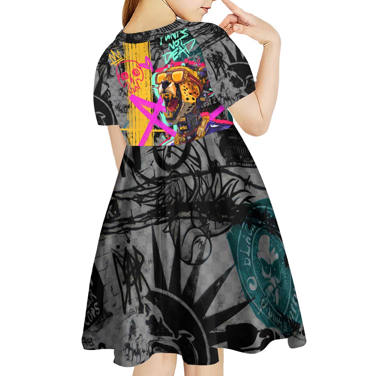 Punk Cheetah Graffiti Kid Short Sleeve Dress with Punk Not Dead Street Art and Neon Jungle Design - Wonder Print Shop