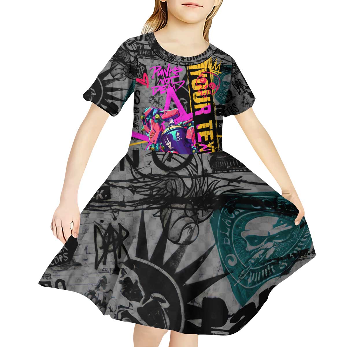 Punk Cheetah Graffiti Kid Short Sleeve Dress with Punk Not Dead Street Art and Neon Jungle Design - Wonder Print Shop