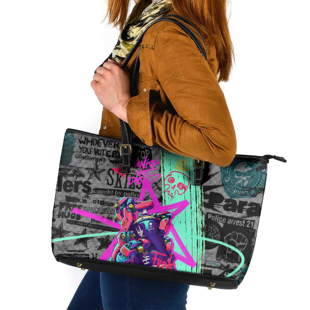 Punk Cheetah Graffiti Leather Tote Bag with Punk Not Dead Street Art and Neon Jungle Design - Wonder Print Shop