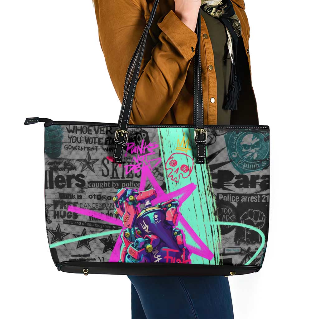 Punk Cheetah Graffiti Leather Tote Bag with Punk Not Dead Street Art and Neon Jungle Design - Wonder Print Shop