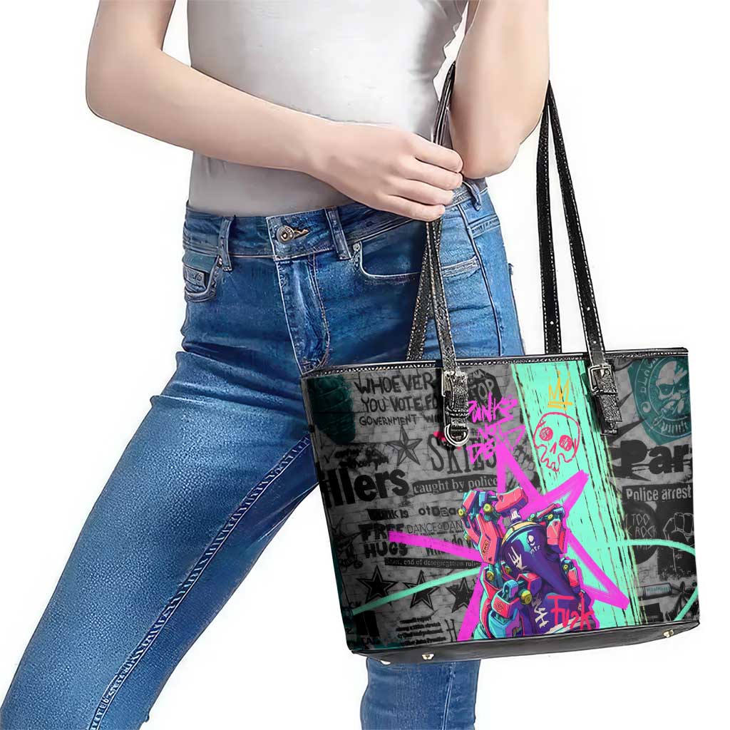 Punk Cheetah Graffiti Leather Tote Bag with Punk Not Dead Street Art and Neon Jungle Design - Wonder Print Shop
