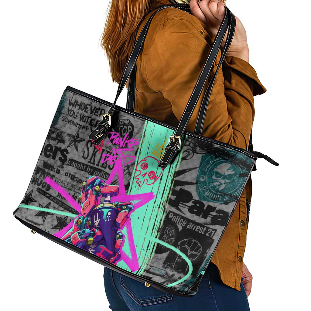 Punk Cheetah Graffiti Leather Tote Bag with Punk Not Dead Street Art and Neon Jungle Design - Wonder Print Shop