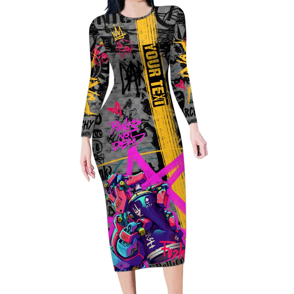Punk Cheetah Graffiti Long Sleeve Bodycon Dress with Punk Not Dead Street Art and Neon Jungle Design - Wonder Print Shop