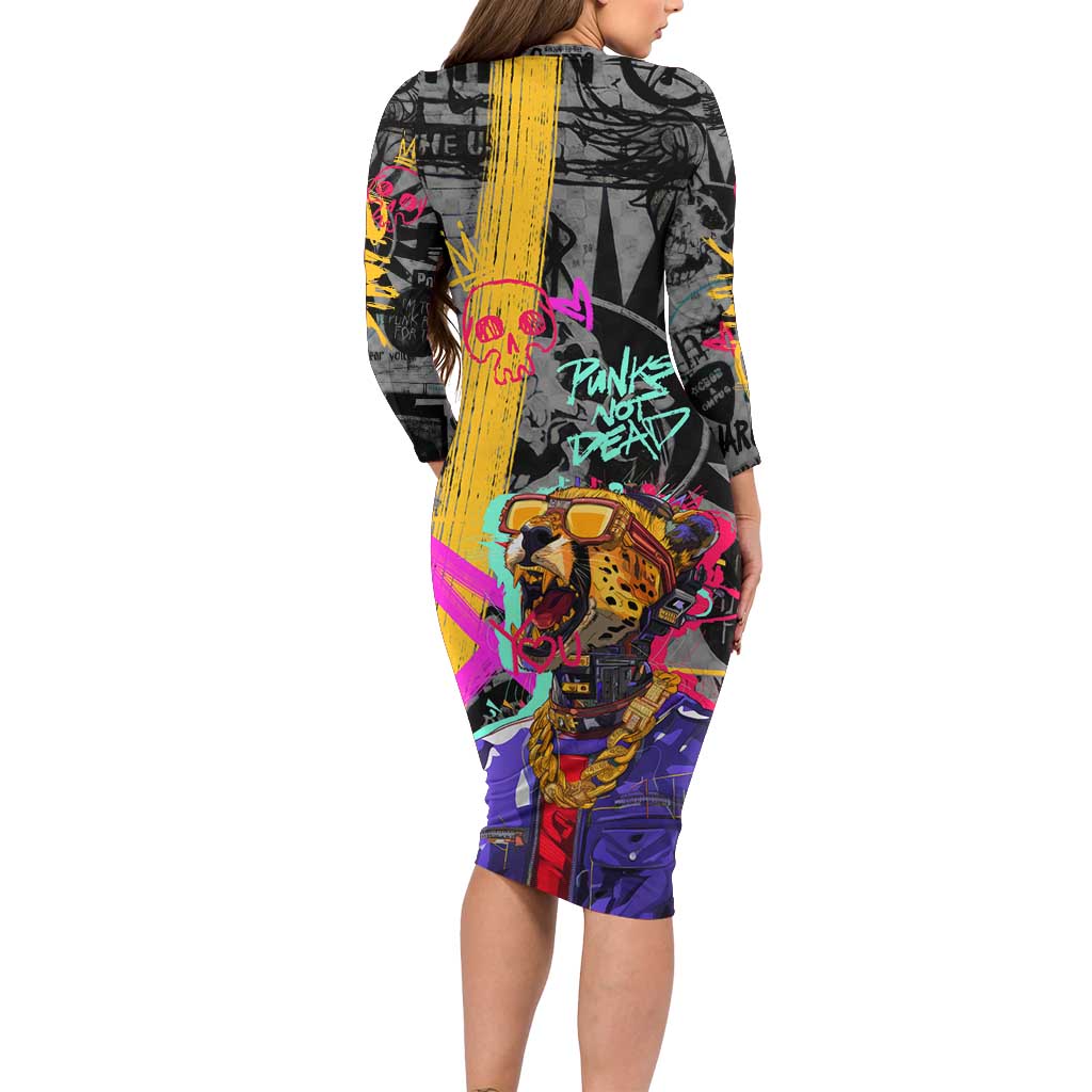 Punk Cheetah Graffiti Long Sleeve Bodycon Dress with Punk Not Dead Street Art and Neon Jungle Design - Wonder Print Shop