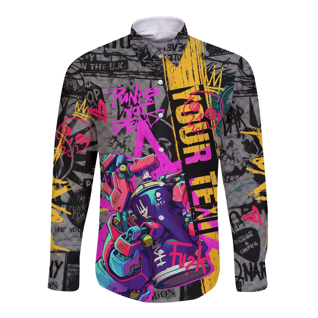 Punk Cheetah Graffiti Long Sleeve Button Shirt with Punk Not Dead Street Art and Neon Jungle Design - Wonder Print Shop