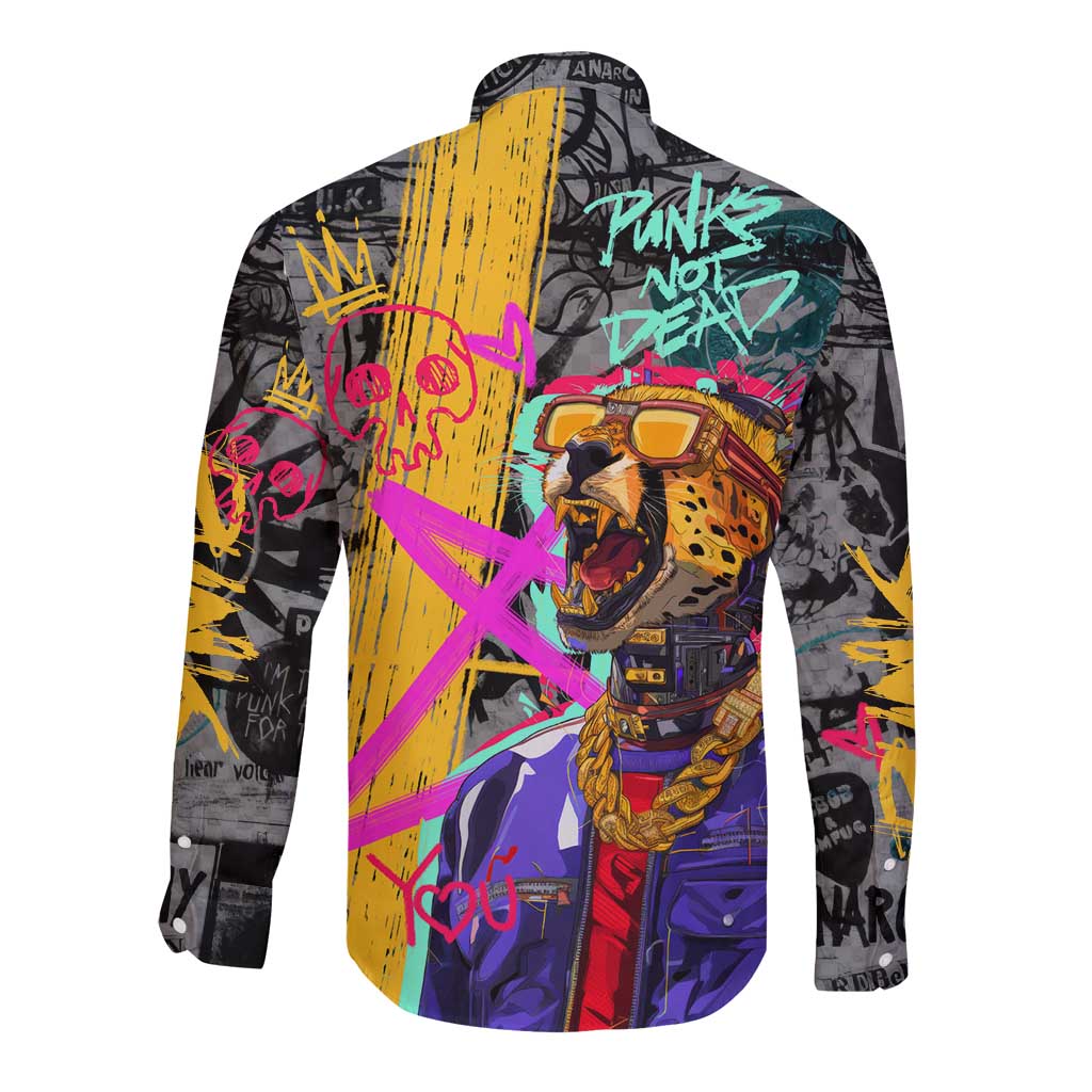 Punk Cheetah Graffiti Long Sleeve Button Shirt with Punk Not Dead Street Art and Neon Jungle Design - Wonder Print Shop