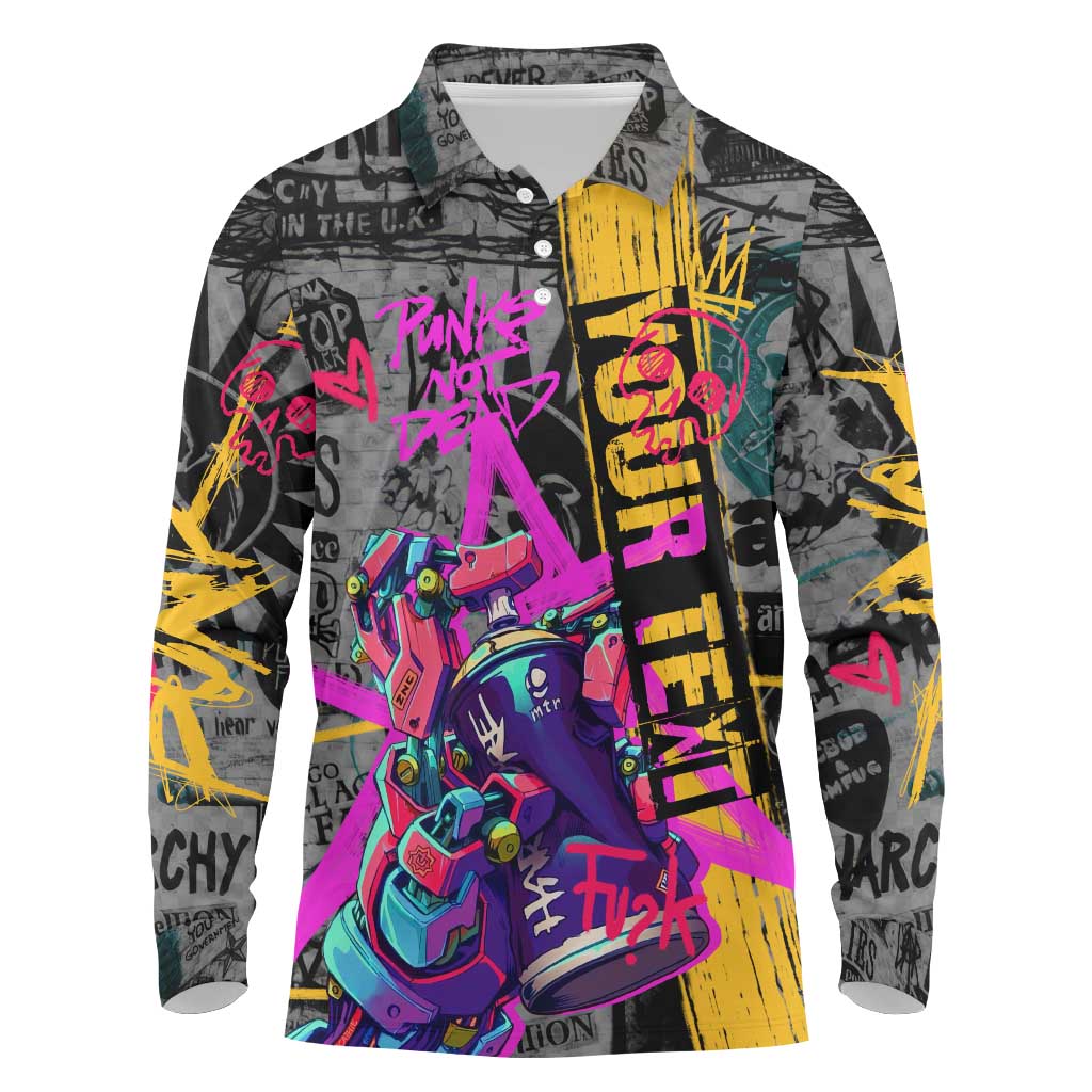 Punk Cheetah Graffiti Long Sleeve Polo Shirt with Punk Not Dead Street Art and Neon Jungle Design - Wonder Print Shop