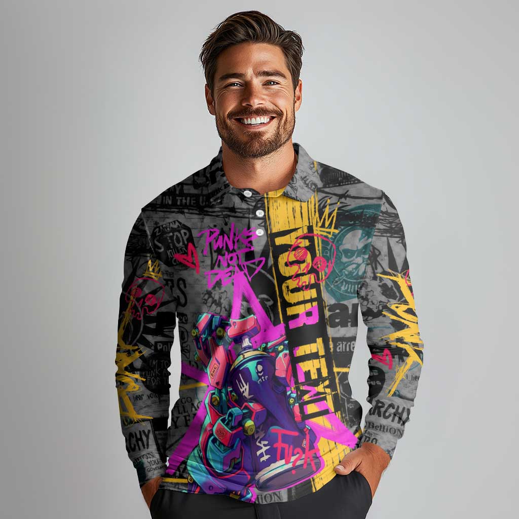 Punk Cheetah Graffiti Long Sleeve Polo Shirt with Punk Not Dead Street Art and Neon Jungle Design - Wonder Print Shop