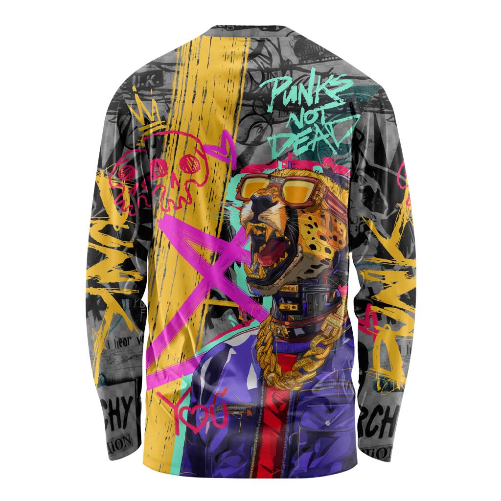 Punk Cheetah Graffiti Long Sleeve Shirt with Punk Not Dead Street Art and Neon Jungle Design - Wonder Print Shop
