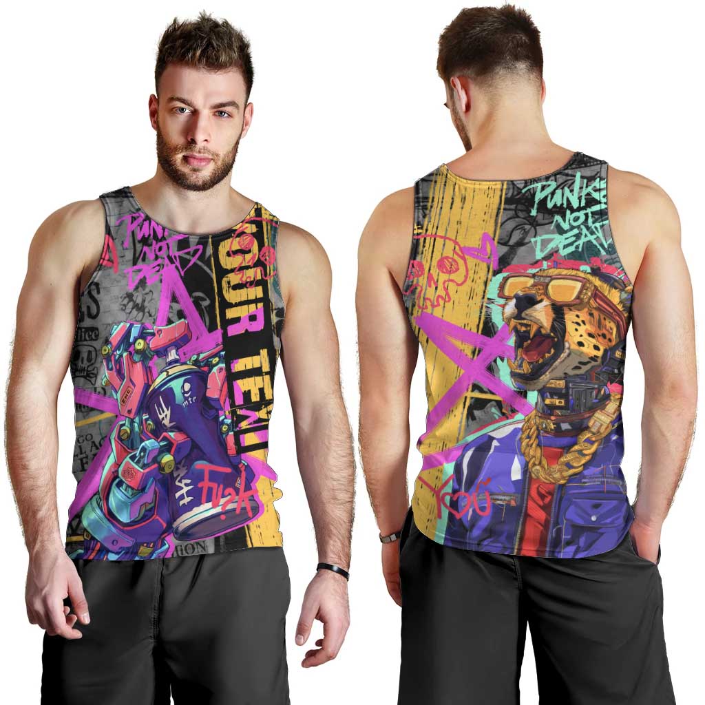 Punk Cheetah Graffiti Men Tank Top with Punk Not Dead Street Art and Neon Jungle Design - Wonder Print Shop
