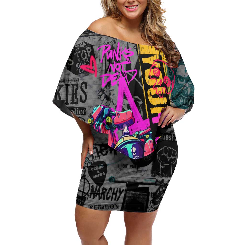 Punk Cheetah Graffiti Off Shoulder Short Dress with Punk Not Dead Street Art and Neon Jungle Design - Wonder Print Shop