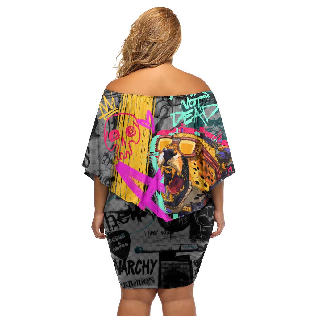 Punk Cheetah Graffiti Off Shoulder Short Dress with Punk Not Dead Street Art and Neon Jungle Design - Wonder Print Shop