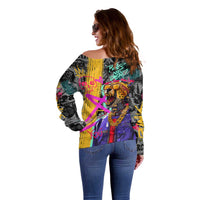 Punk Cheetah Graffiti Off Shoulder Sweater with Punk Not Dead Street Art and Neon Jungle Design - Wonder Print Shop