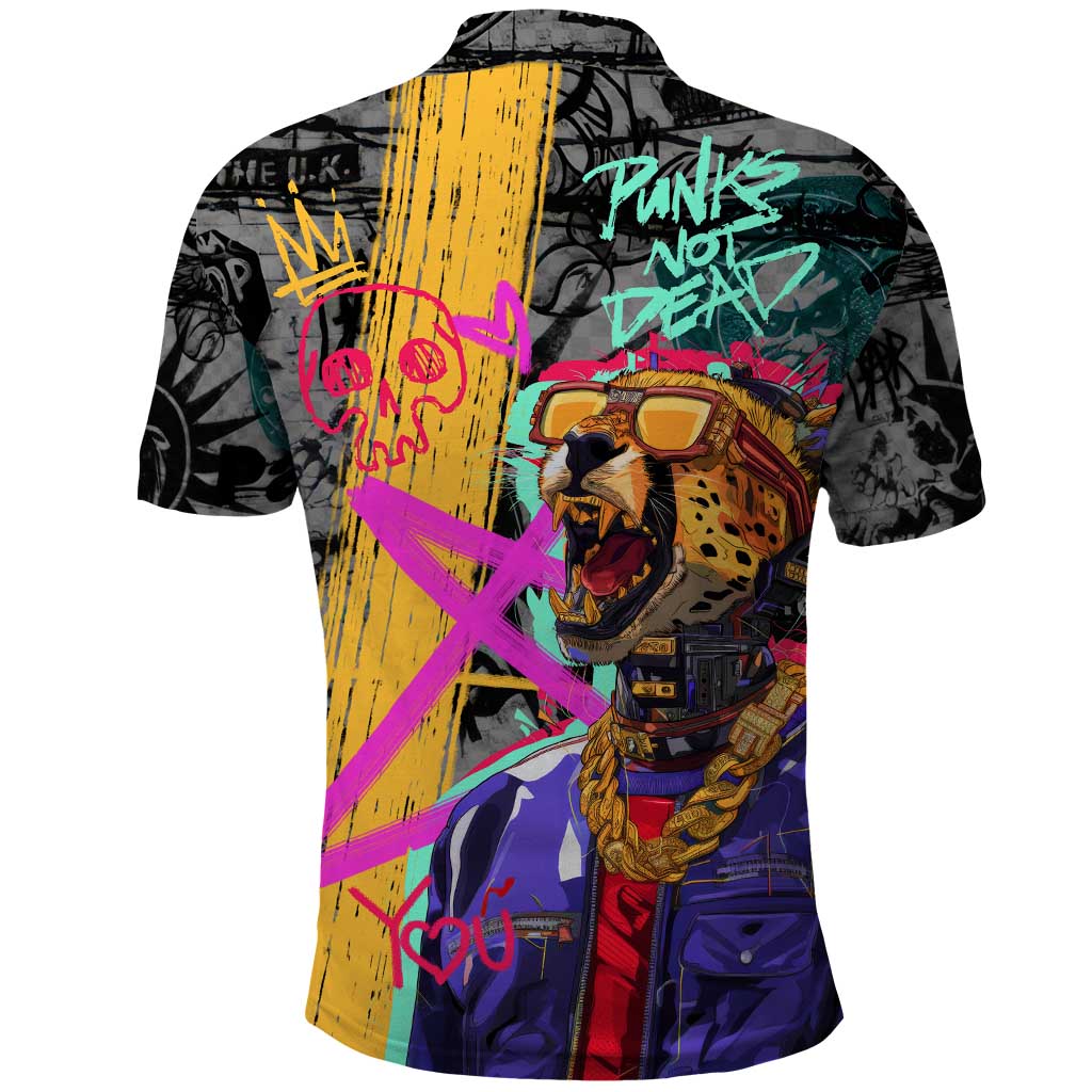 Punk Cheetah Graffiti Polo Shirt with Punk Not Dead Street Art and Neon Jungle Design - Wonder Print Shop