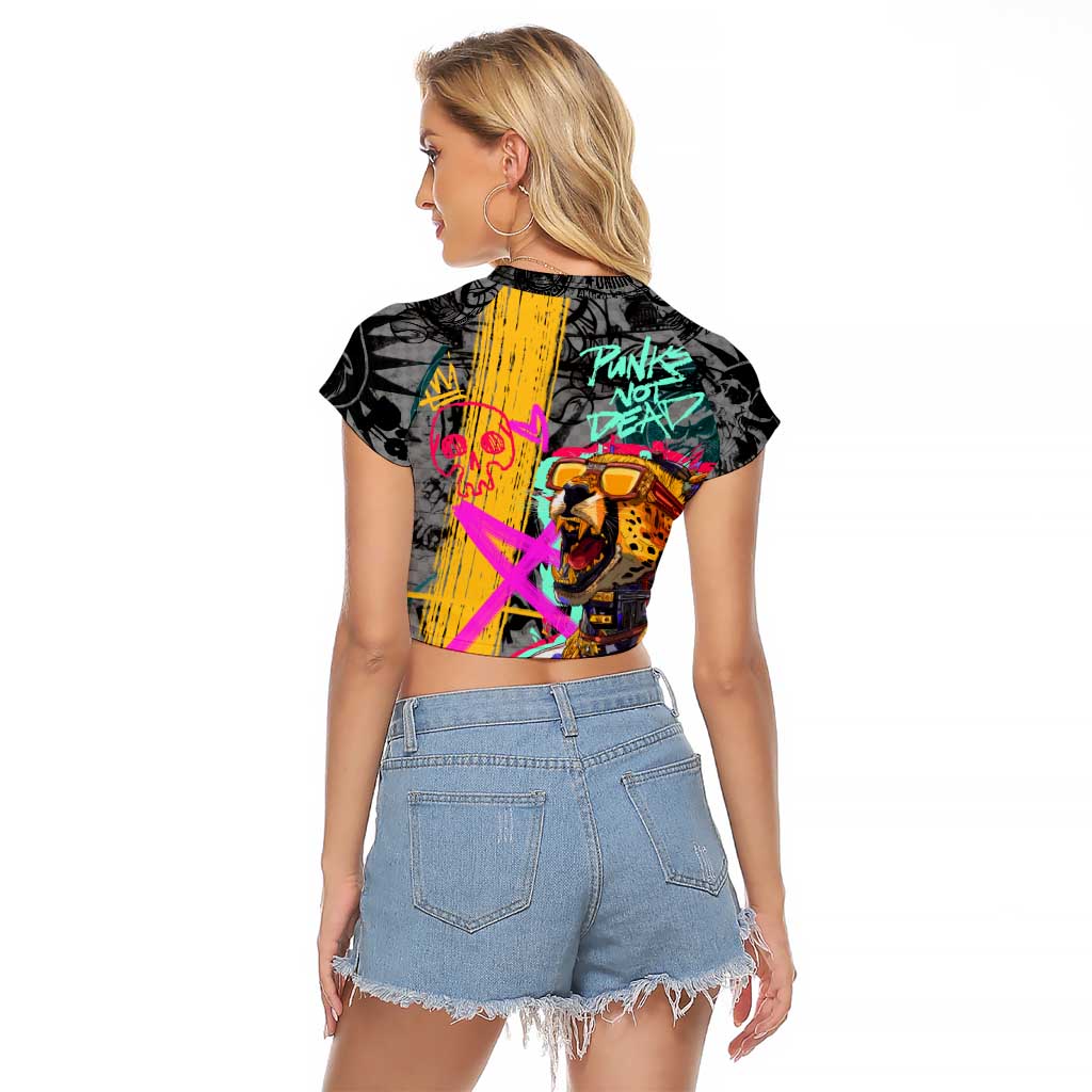 Punk Cheetah Graffiti Raglan Cropped T Shirt with Punk Not Dead Street Art and Neon Jungle Design - Wonder Print Shop