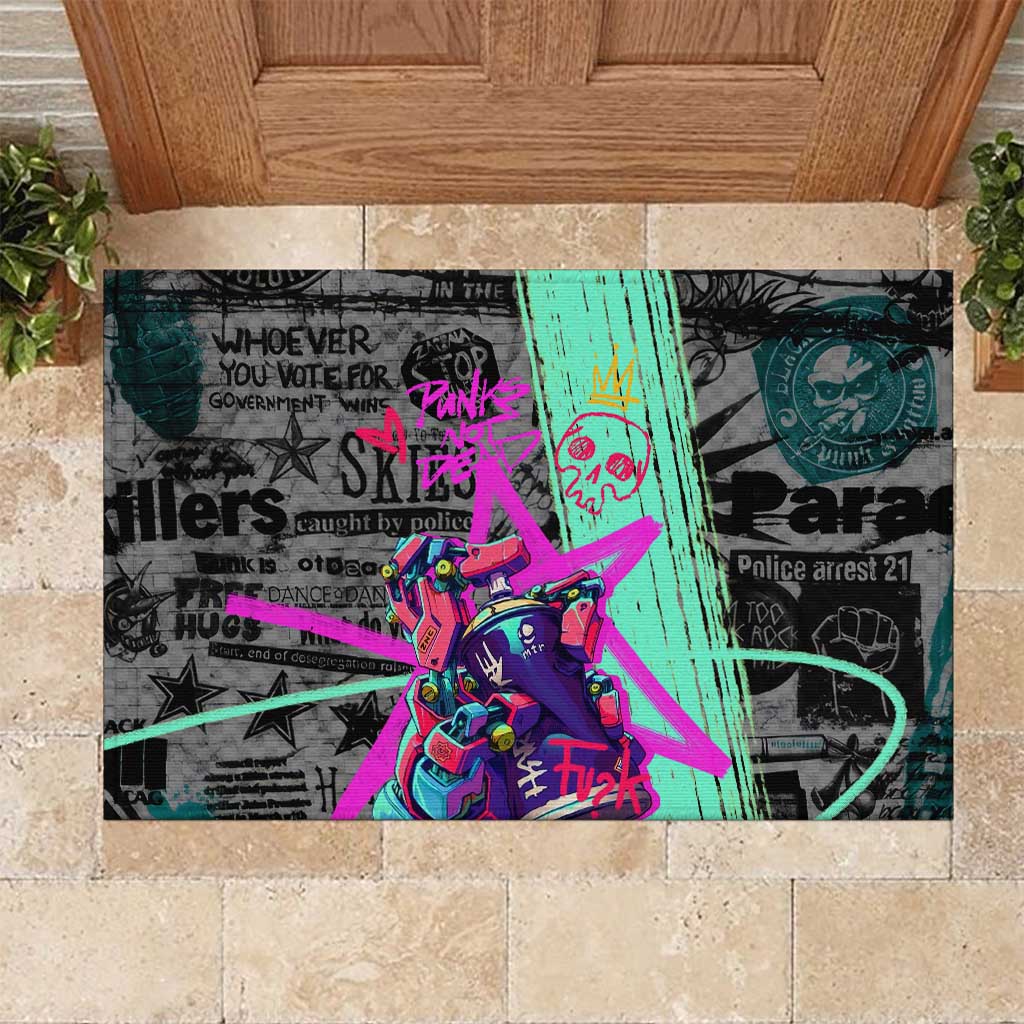 Punk Cheetah Graffiti Rubber Doormat with Punk Not Dead Street Art and Neon Jungle Design - Wonder Print Shop