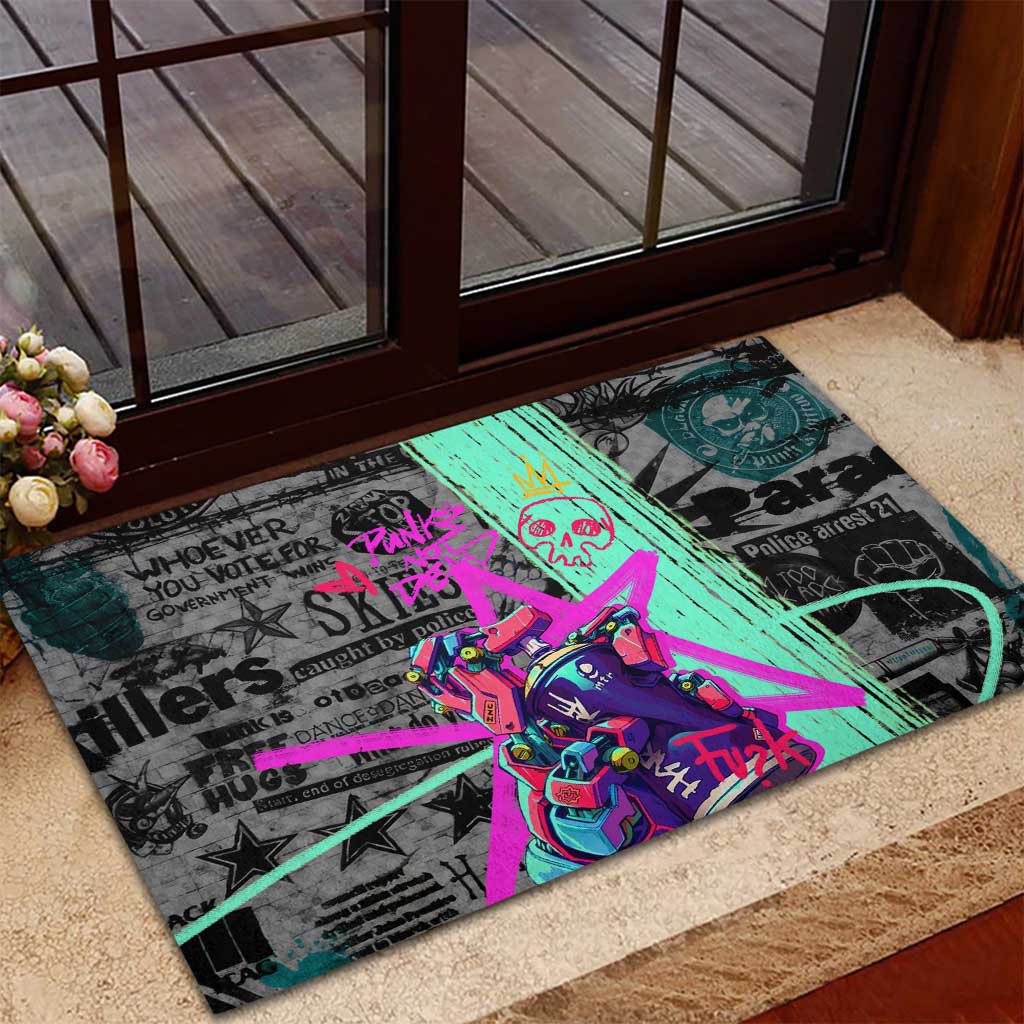 Punk Cheetah Graffiti Rubber Doormat with Punk Not Dead Street Art and Neon Jungle Design - Wonder Print Shop