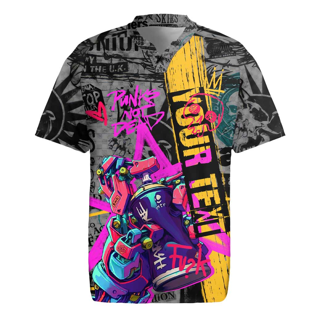 Punk Cheetah Graffiti Rugby Jersey with Punk Not Dead Street Art and Neon Jungle Design - Wonder Print Shop