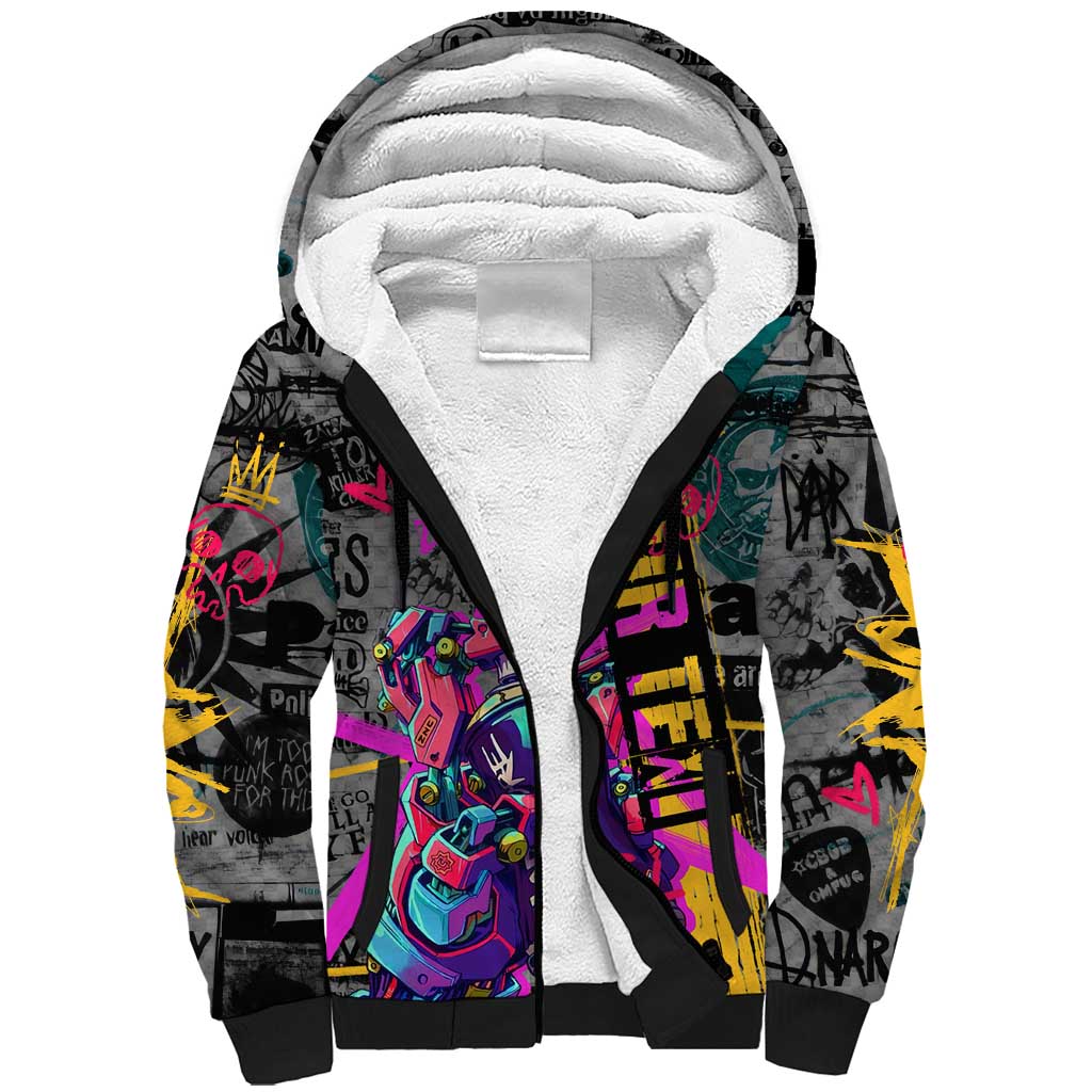 Punk Cheetah Graffiti Sherpa Hoodie with Punk Not Dead Street Art and Neon Jungle Design - Wonder Print Shop
