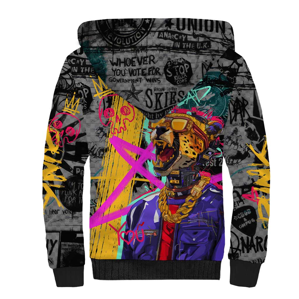 Punk Cheetah Graffiti Sherpa Hoodie with Punk Not Dead Street Art and Neon Jungle Design - Wonder Print Shop