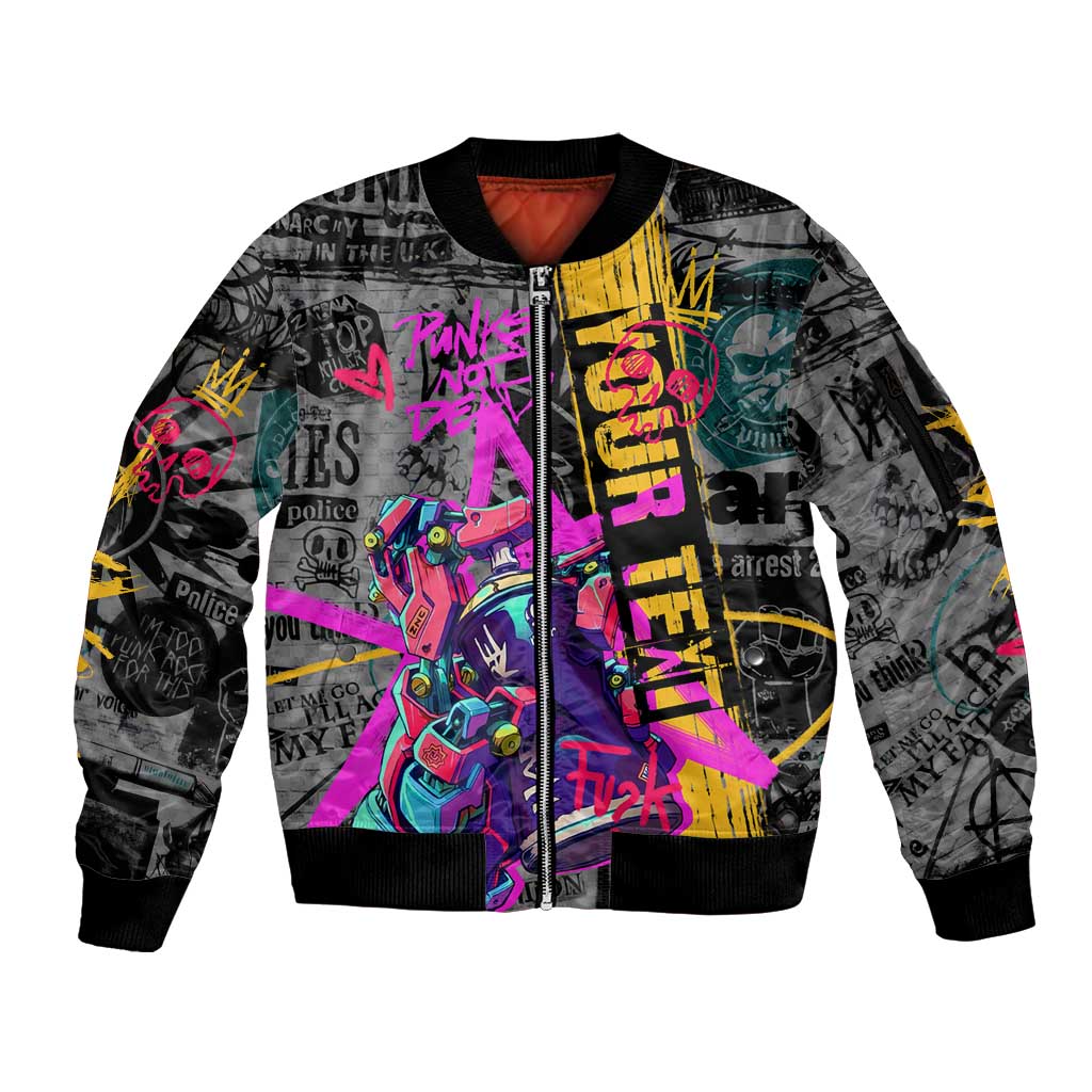 Punk Cheetah Graffiti Sleeve Zip Bomber Jacket with Punk Not Dead Street Art and Neon Jungle Design - Wonder Print Shop