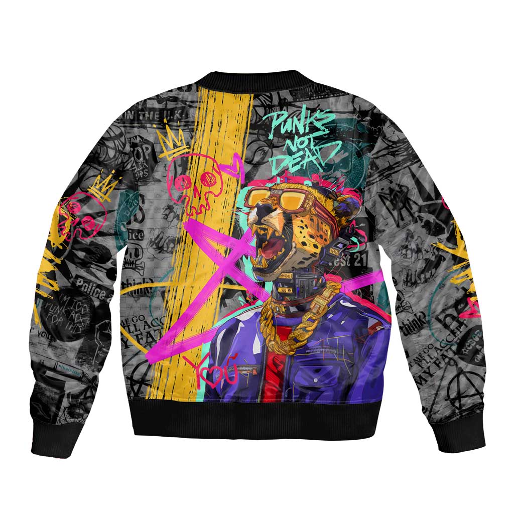 Punk Cheetah Graffiti Sleeve Zip Bomber Jacket with Punk Not Dead Street Art and Neon Jungle Design - Wonder Print Shop