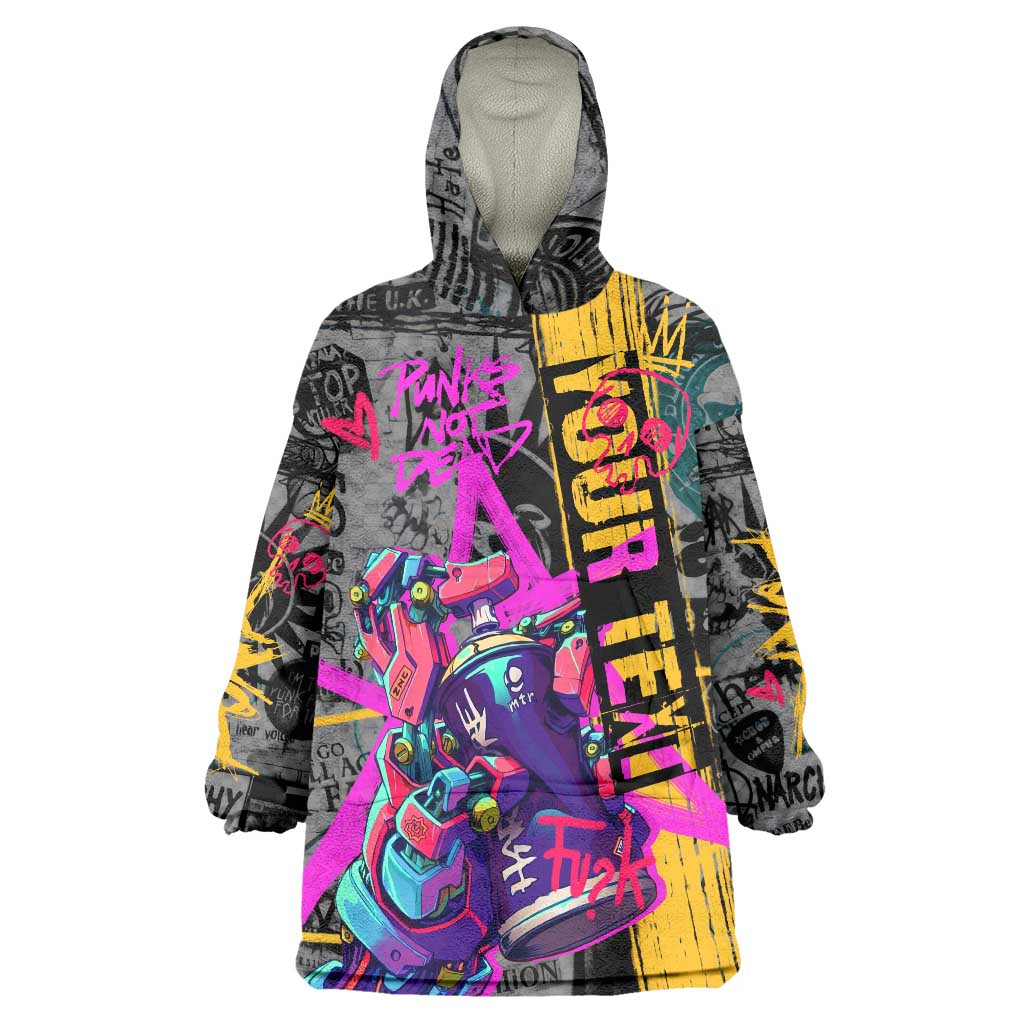 Punk Cheetah Graffiti Wearable Blanket Hoodie with Punk Not Dead Street Art and Neon Jungle Design - Wonder Print Shop