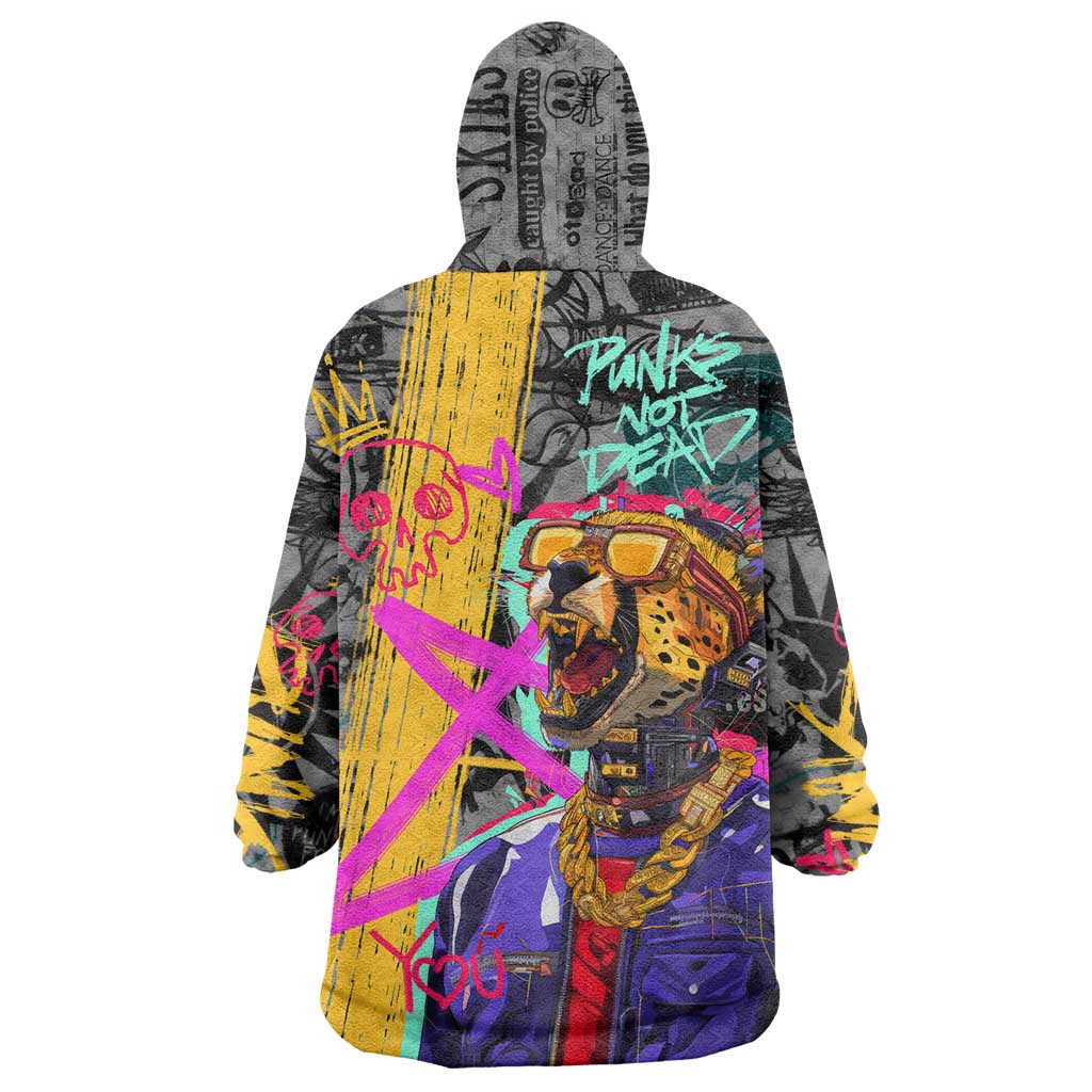 Punk Cheetah Graffiti Wearable Blanket Hoodie with Punk Not Dead Street Art and Neon Jungle Design - Wonder Print Shop