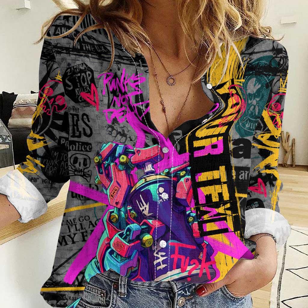Punk Cheetah Graffiti Women Casual Shirt with Punk Not Dead Street Art and Neon Jungle Design - Wonder Print Shop