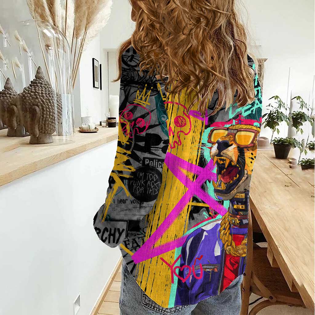 Punk Cheetah Graffiti Women Casual Shirt with Punk Not Dead Street Art and Neon Jungle Design - Wonder Print Shop