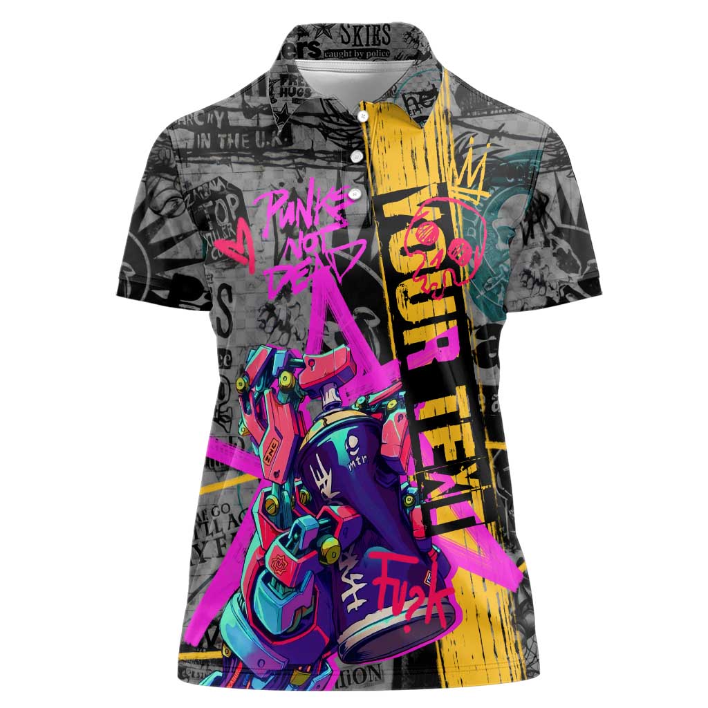 Punk Cheetah Graffiti Women Polo Shirt with Punk Not Dead Street Art and Neon Jungle Design - Wonder Print Shop