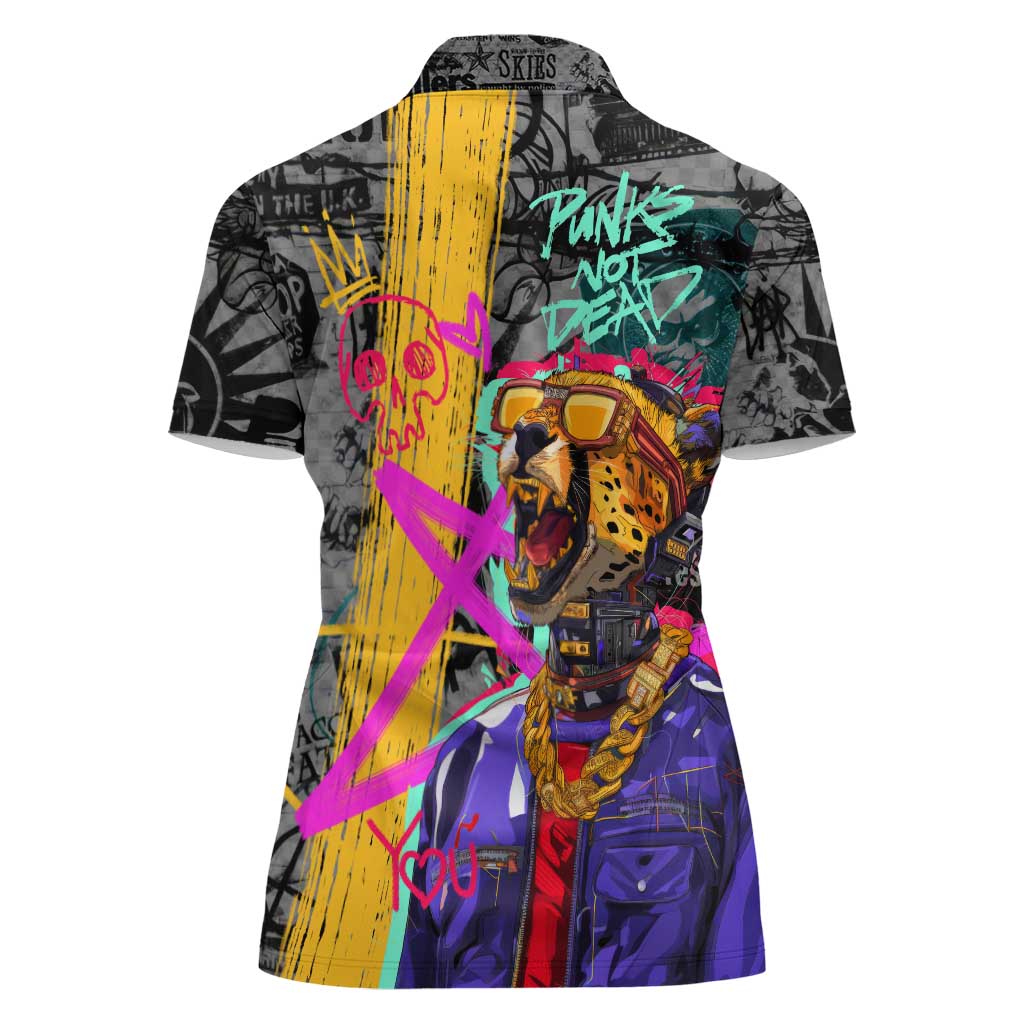 Punk Cheetah Graffiti Women Polo Shirt with Punk Not Dead Street Art and Neon Jungle Design - Wonder Print Shop