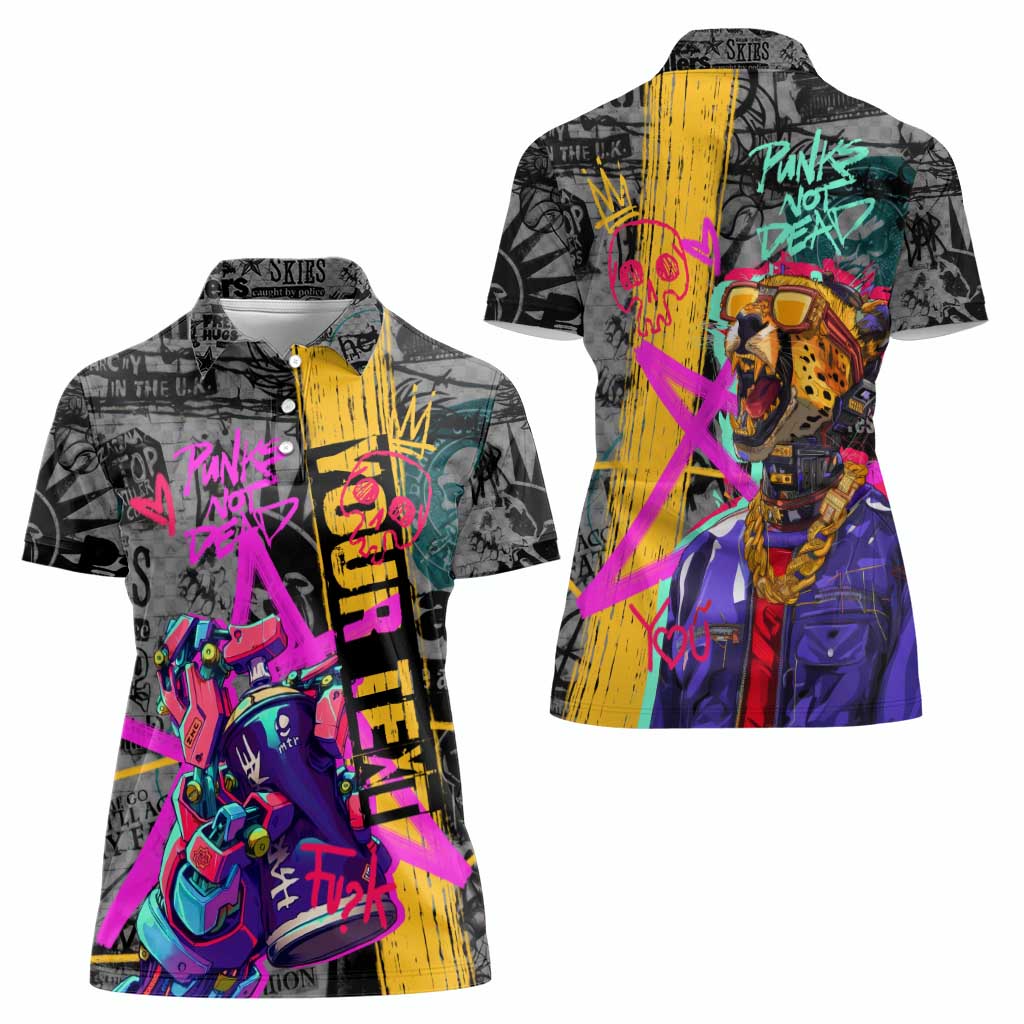 Punk Cheetah Graffiti Women Polo Shirt with Punk Not Dead Street Art and Neon Jungle Design - Wonder Print Shop