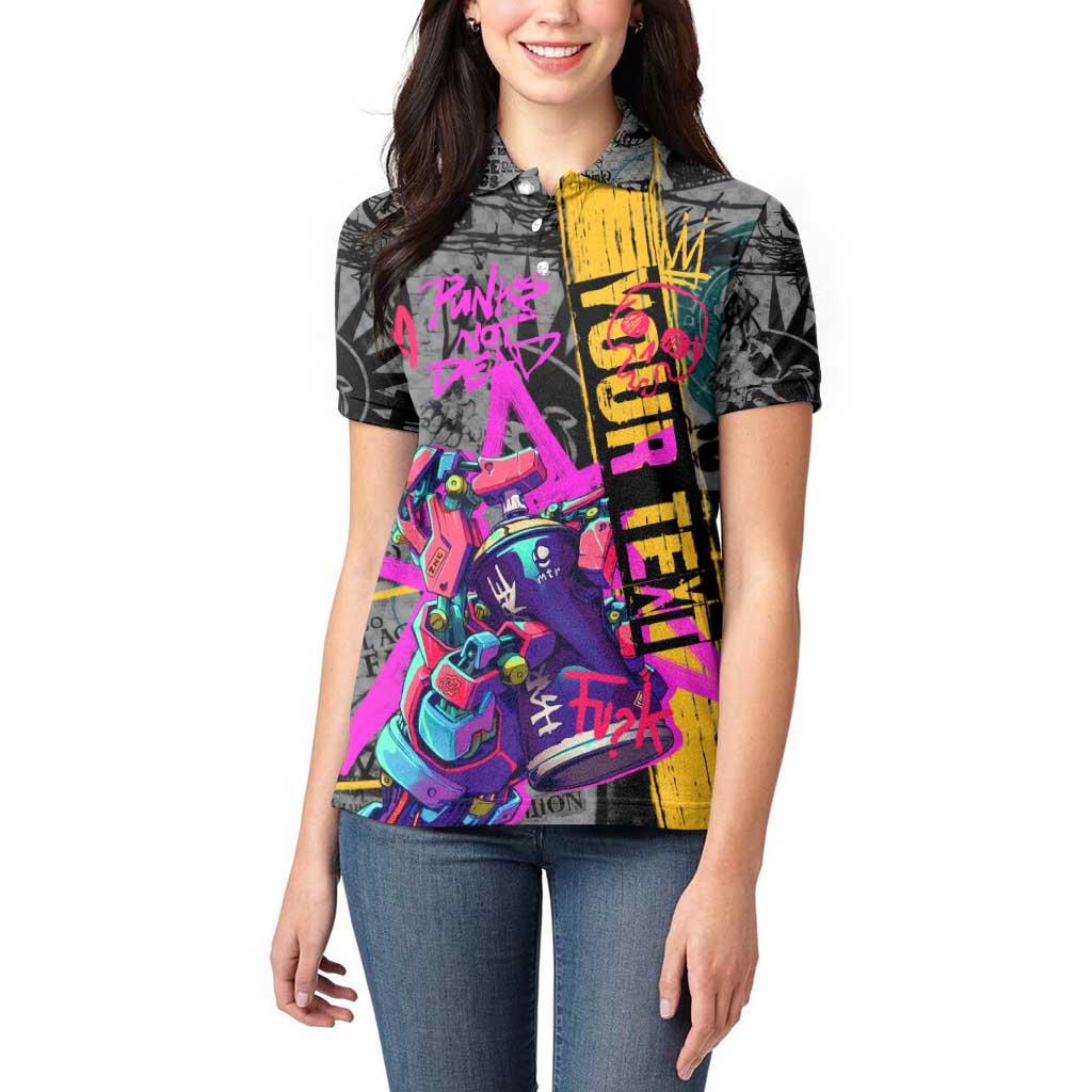 Punk Cheetah Graffiti Women Polo Shirt with Punk Not Dead Street Art and Neon Jungle Design - Wonder Print Shop