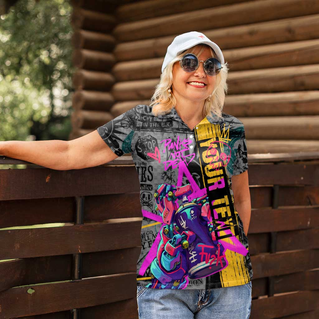 Punk Cheetah Graffiti Women Polo Shirt with Punk Not Dead Street Art and Neon Jungle Design - Wonder Print Shop