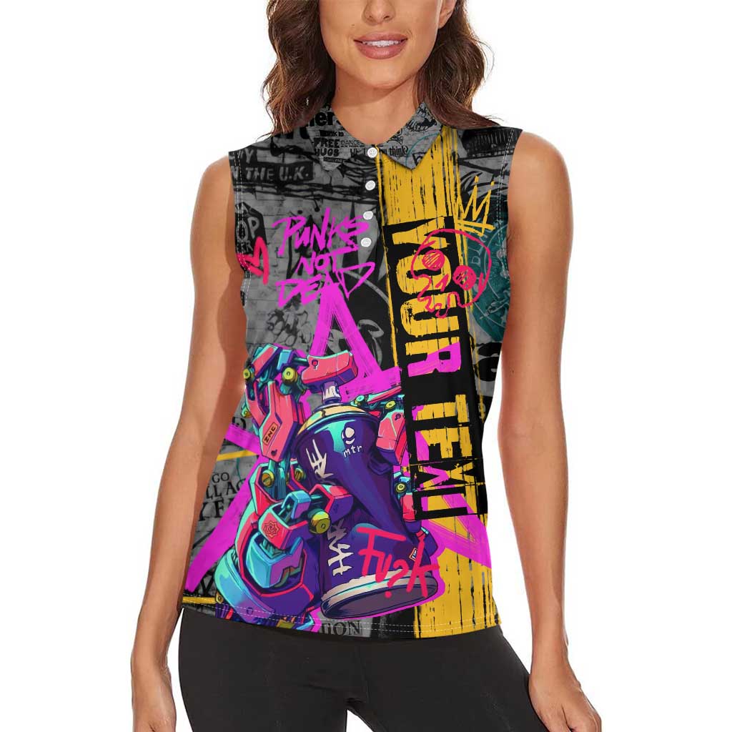 Punk Cheetah Graffiti Women Sleeveless Polo Shirt with Punk Not Dead Street Art and Neon Jungle Design - Wonder Print Shop